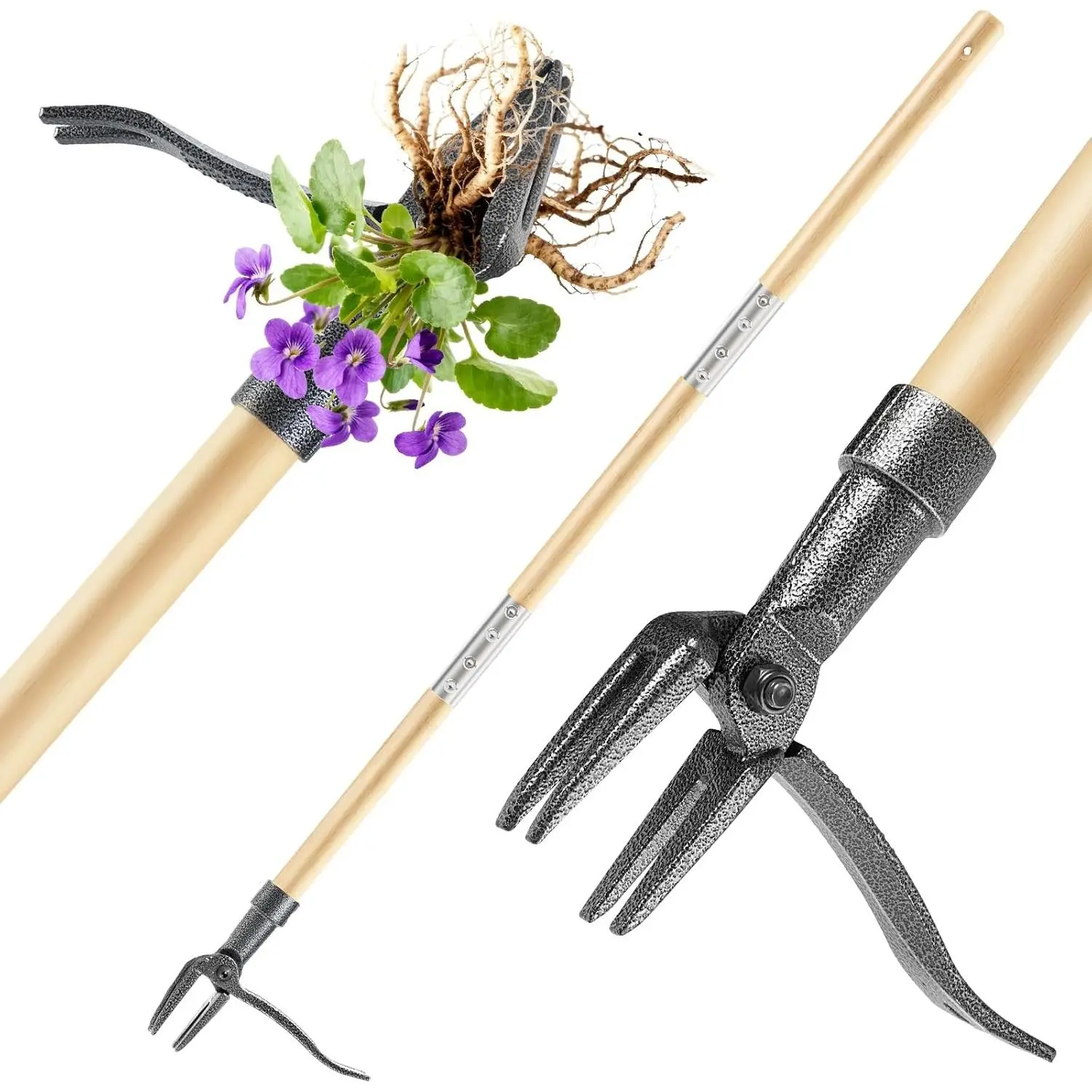 Stand Up Heavy Duty Weed Puller Tool with Long Handle & 4-Claw Steel Head, Bamboo Garden Hand Weeder - Easily Remove Weeds Without Bending, Pulling, or Kneeling