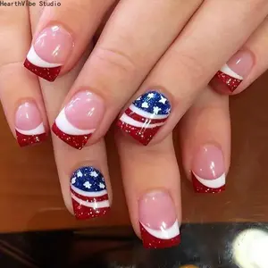 24Pcs Americana Chic Press-On Nails, Red White Blue Stars & Hearts Fake Nails for July 4th Independence Day, Long Lasting Summer Statement Salon Manicure, Nail Press On Nails