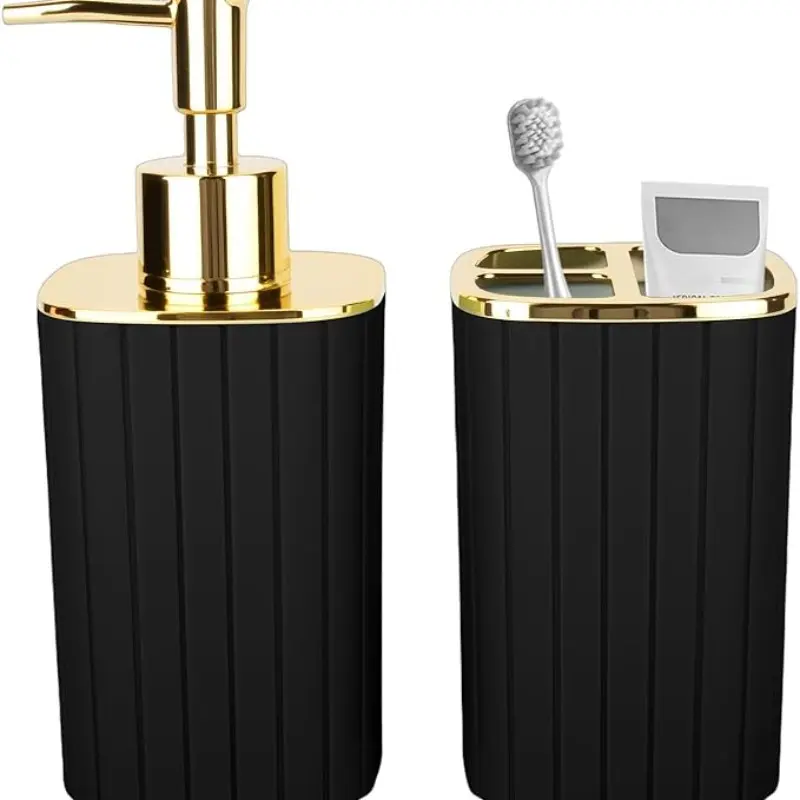 2 Piece Gold Bathroom Accessories Set, Modern Luxury Organizational Soap Dispenser and Toothbrush Holder Combo, Elegant Bathroom Decor, Bathroom Accessory Sets