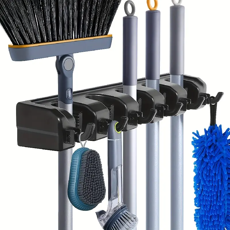 One broom and mop holder, wall-mounted garden tool organizer, suitable for home laundry room, closet, shed, garage organization and storage, includes rake, shovel, and mop hooks.