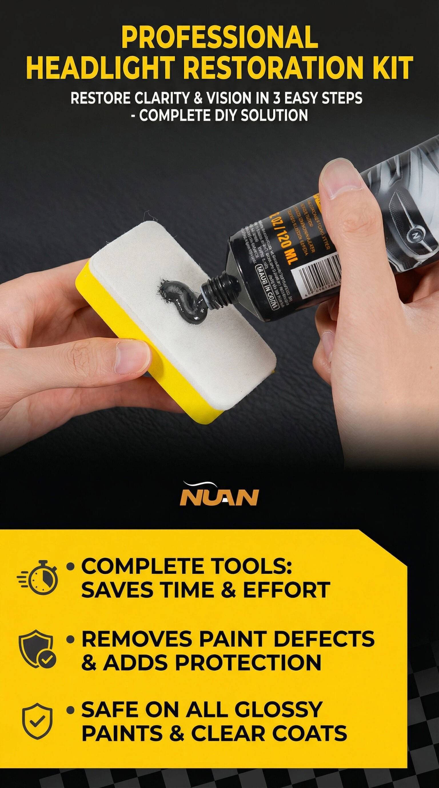 NUAN Car Scratch Repair Paste – Restores Paint From Scratches/Oxidation/Stains, Safe For All Finishes, White & Black Variants, Includes Sponge + Towel. Car Maintenance Essential.