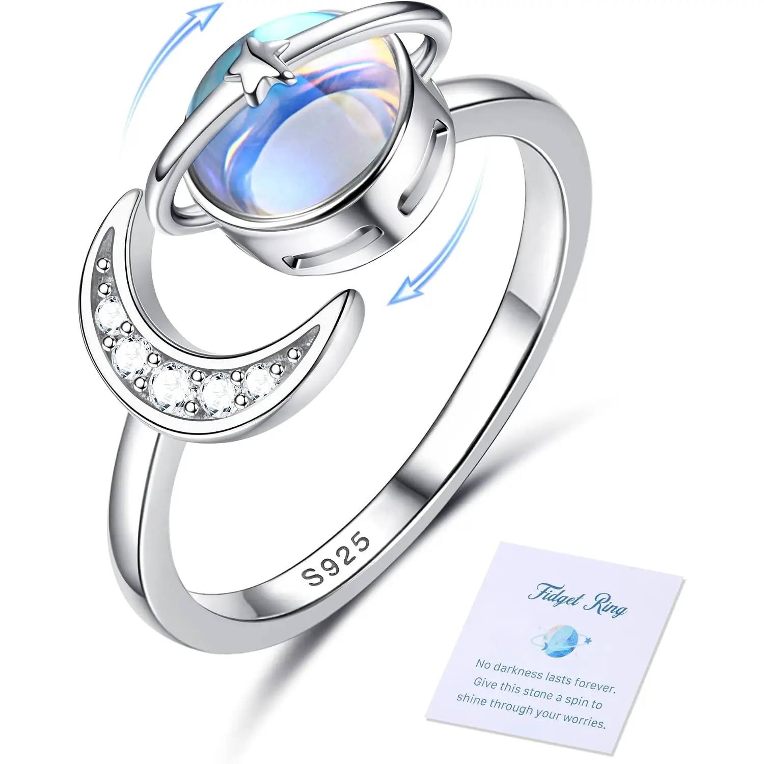 Women's 925 Sterling Silver Anti-Stress Anxiety Spinner Bracelet - Adjustable Size, Open Wrap, Moonstone Center, CZ Moon Star Accents, Gift-Ready Fashion Jewelry, Tarnish-Proof