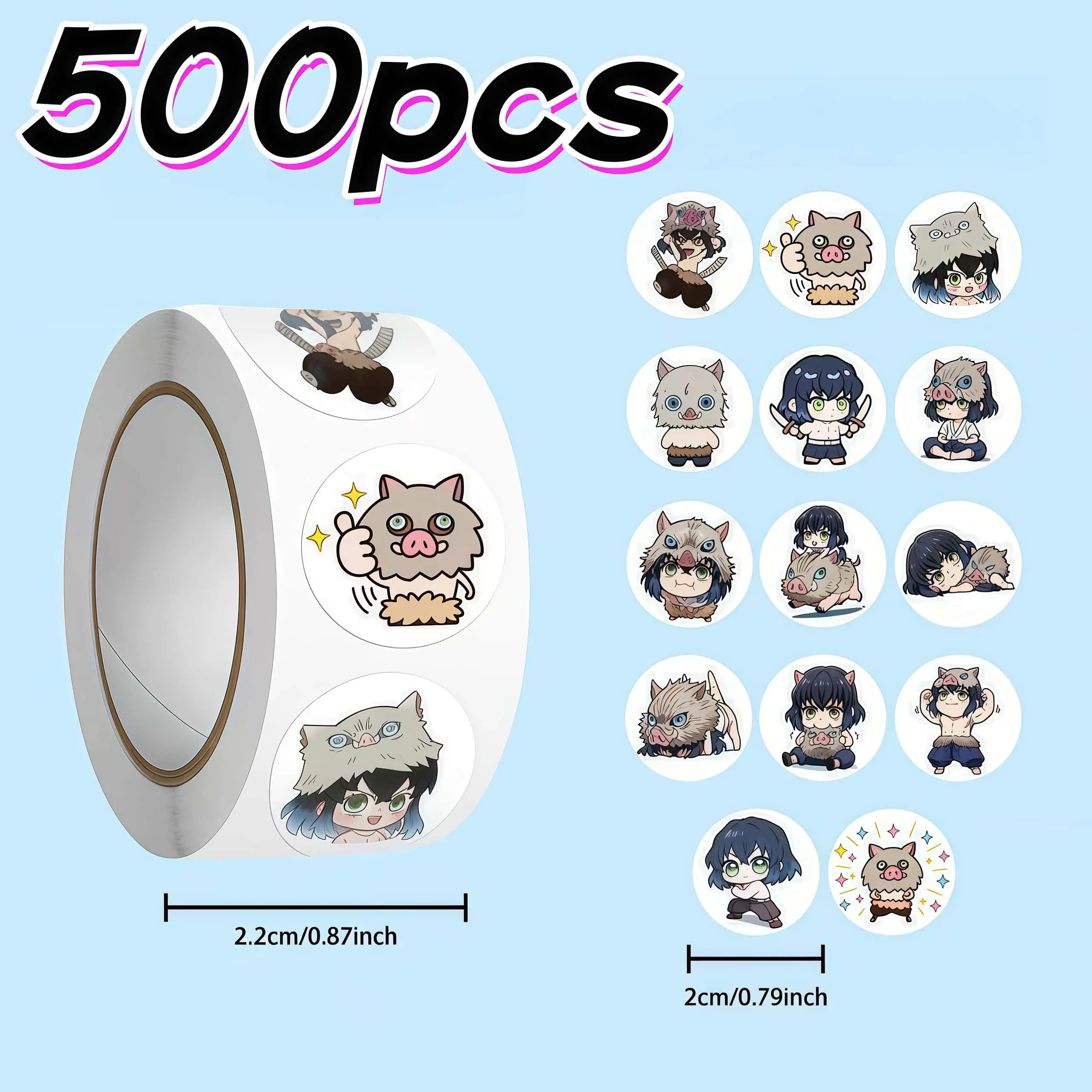 500Pcs Demon Slayer Inosuke Hashibira Chibi Sticker Roll, Cute Multi-Expression Anime Decals for DIY, Planner & Gift Decor