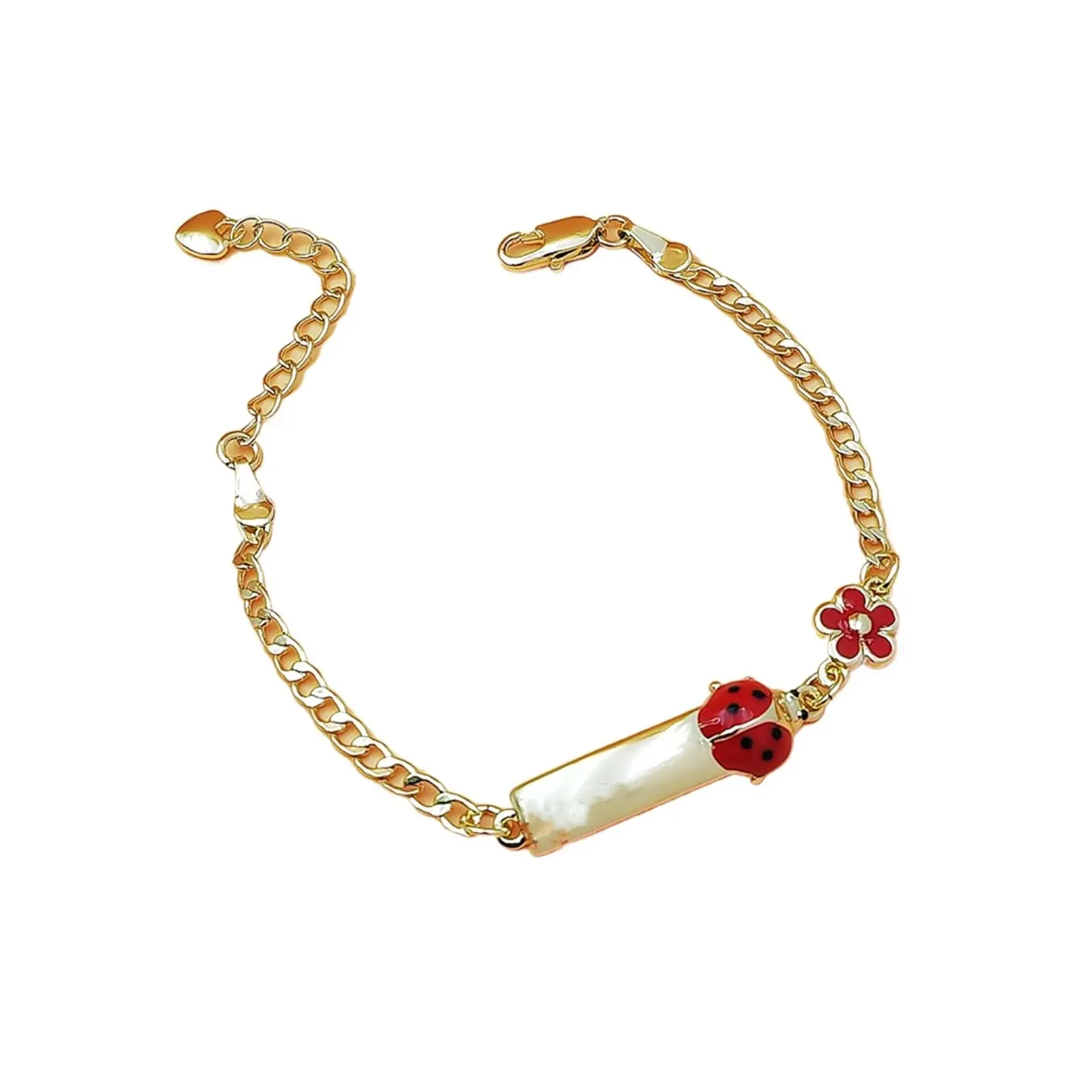 Girls' Adjustable Ladybug Motif Bracelet with Red Flower, Heart Charms, Cute Link Chain Jewelry Gift, 5.9-7.08 in, Heart Design Bracelet, Gifts, Charm Bracelets