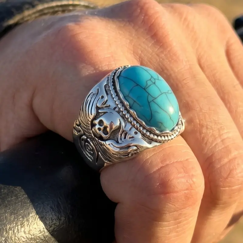 Vintage Antique Skull Carved Synthetic Turquoise Ring, Dark Niche Unisex Style, Suitable for Men and Women's Daily Fashion As A Hand Accessory Gift