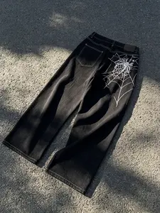Contrast Wash Spider Web Embroidered Wide Leg Jeans, American Y2K Retro Loose Straight Drop Hem Long Pants