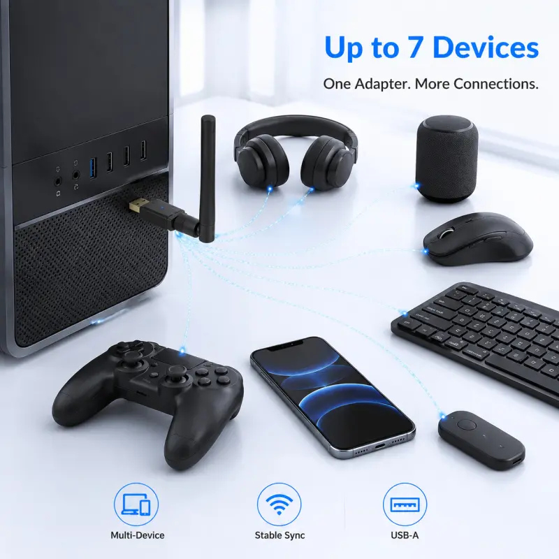 PC Bluetooth USB Dongle Bluetooth 5.4 Technology Adjustable External Antenna Multi Device Sync Support Up To 7 Bluetooth Peripherals Wireless Receiver Transmitter For Laptop Desktop Headphones Speakers Mice Keyboards