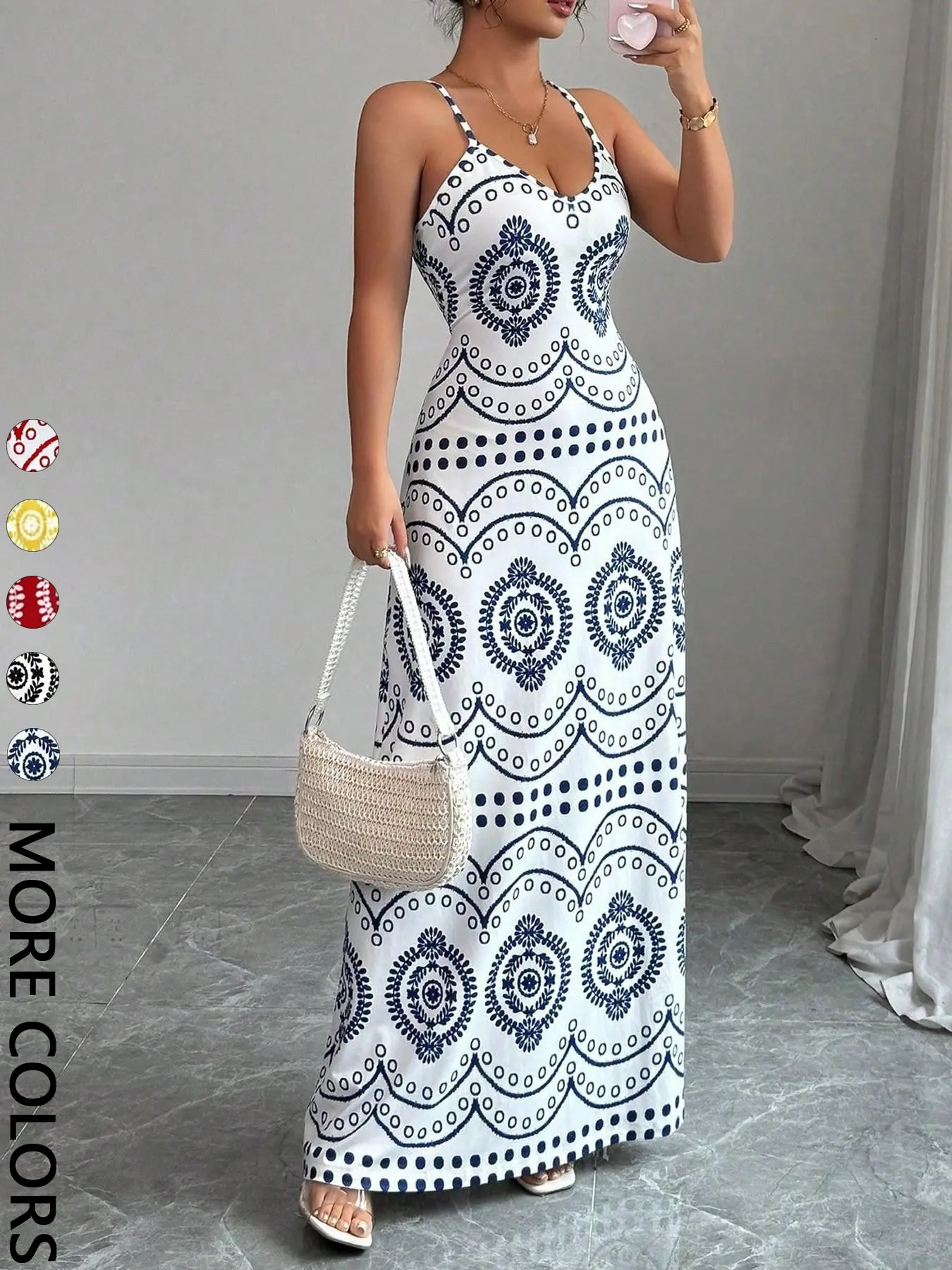 Women's Vacation Long Dress, Spaghetti-Strap Deep V-Neck Geometric Print Maxi, Elegant Casual Lightweight Summer Wear for Travel and Relaxing, Boho Summer Outfit Flowy Attire