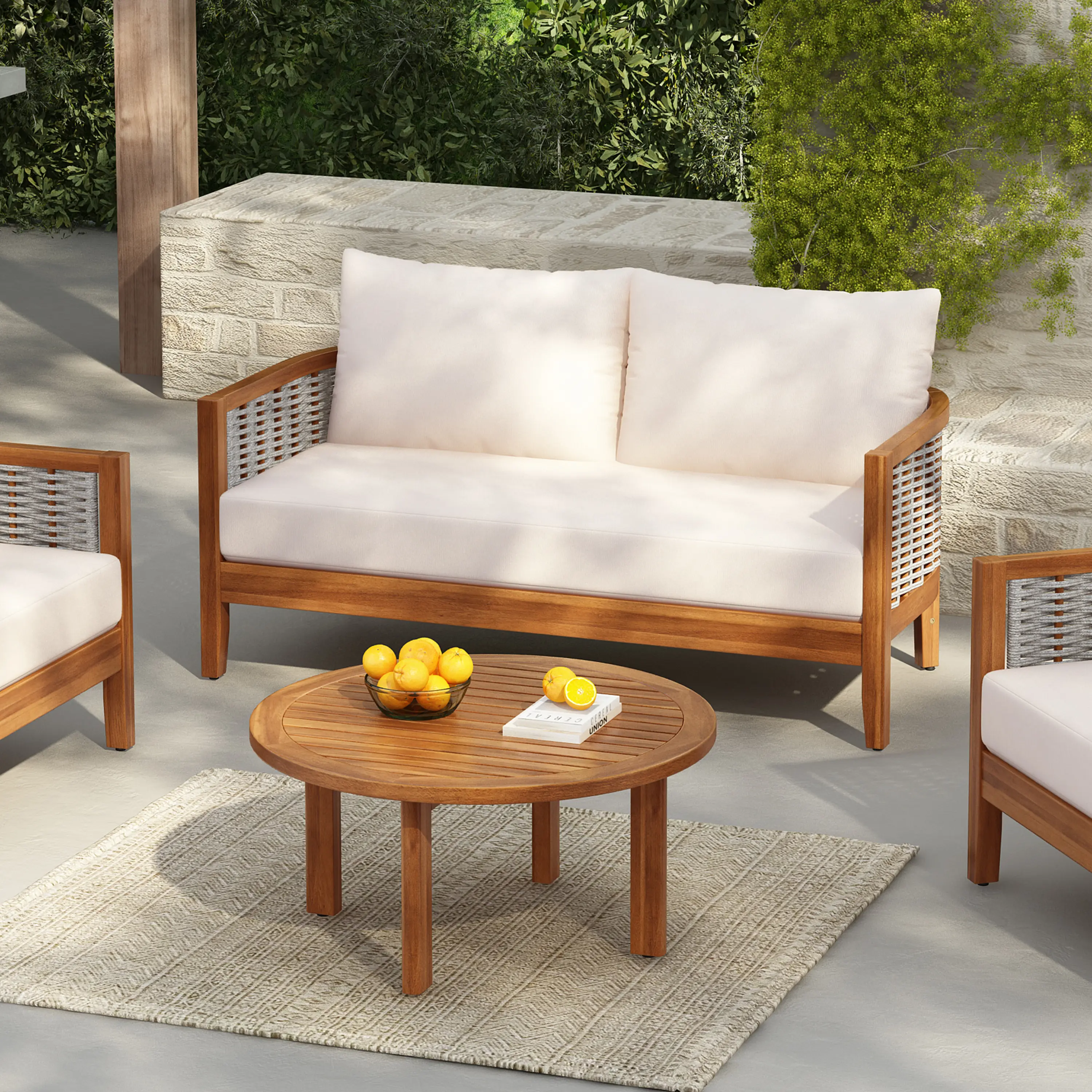 ARCH 2-Piece Modern Acacia Wood Outdoor Patio Loveseat Set - Woven Rope Table, Unique Tub Design Deep Seating with Soft Cushions, Teak Finish Beige Cushions for Garden Porch Backyard, Sofa Side Table for Indoor Use