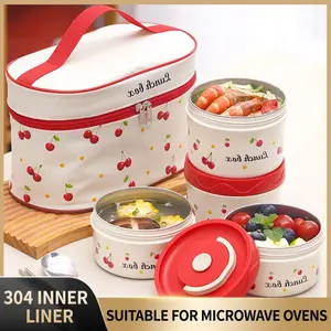 Cherry Pattern Lunch Box Set, 1 Set Including Lunch Box & Insulated Bag & Spoon & Chopsticks, Portable Lunch Container for Home Office School