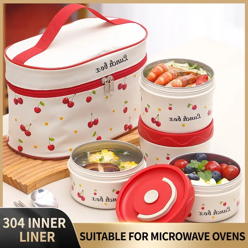 Cherry Pattern Lunch Box Set, 1 Set Including Lunch Box & Insulated Bag & Spoon & Chopsticks, Insulated Portable Bento, Travel Lunchbox, Containers for Food, Portable Lunch Container Bpa Free Compartments for Home Office School, Leakproof Bento Box