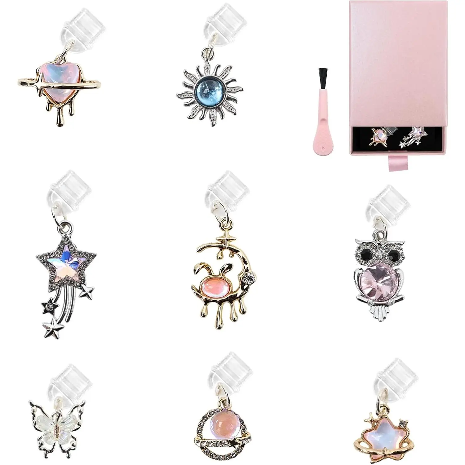 8 Pack Dust Plug Charms for Kindle, USB C Dust Plug Compatible with Phone, Type C Port Covers Protector Decorations with Cleaning Brush (Alloy)
