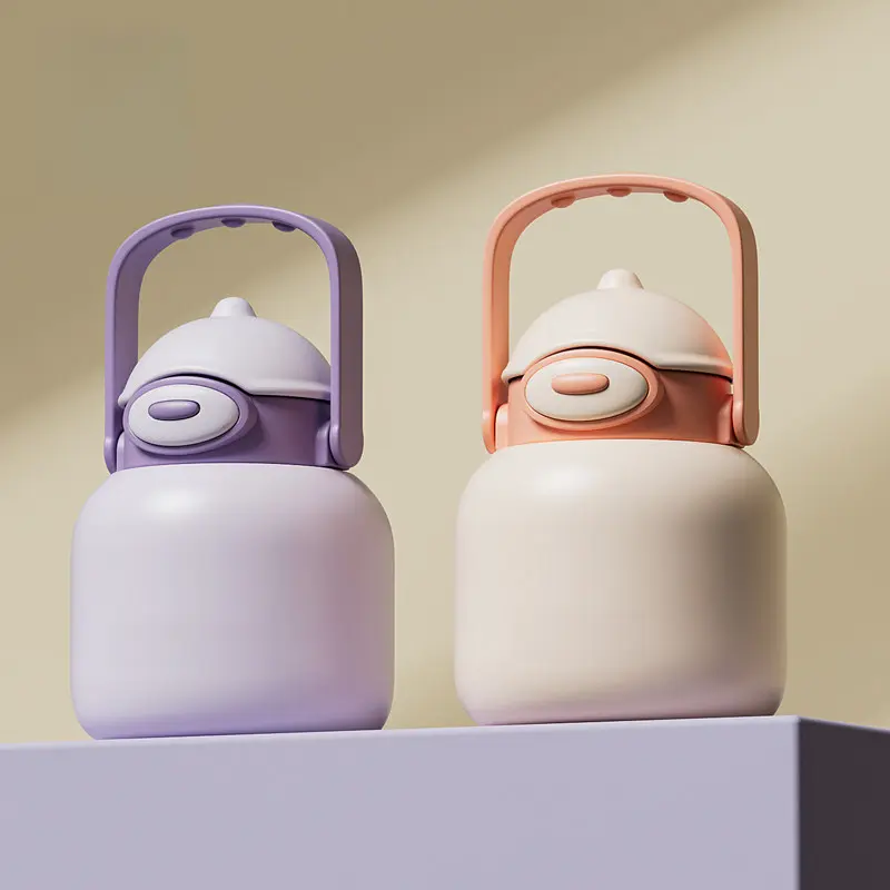Thermal Flasks Water Bottles Large Capacity Chubby Kettle Cute Compact Design with Rounded Body Fliptop Lid Handle for Office School Travel Daily Use 23oz