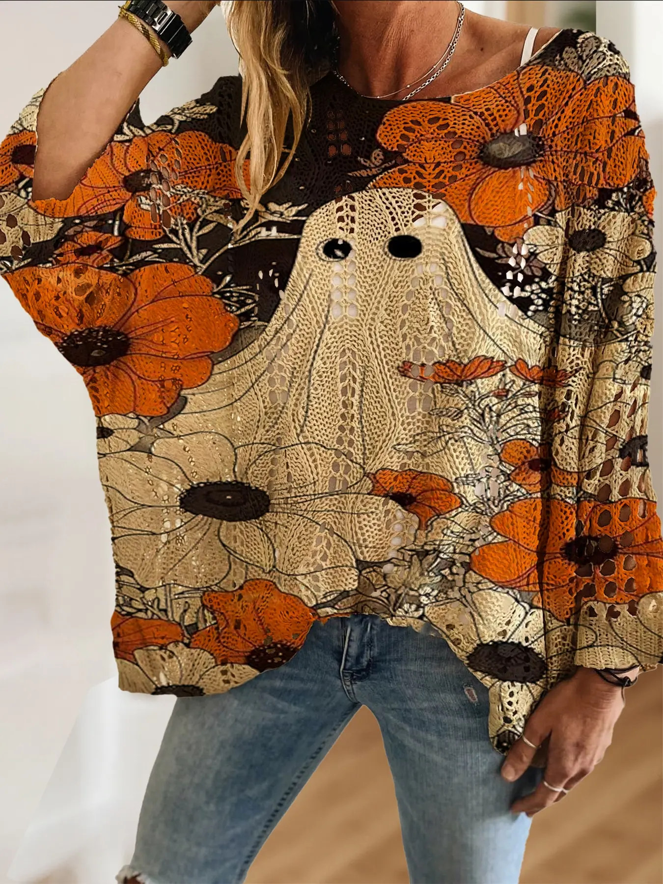 Women's Elegant Halloween Ghost Print Long Sleeve Knit Top, Loose Bat Wing Shoulder Design, Comfortable Fall Winter Fashion Sweater