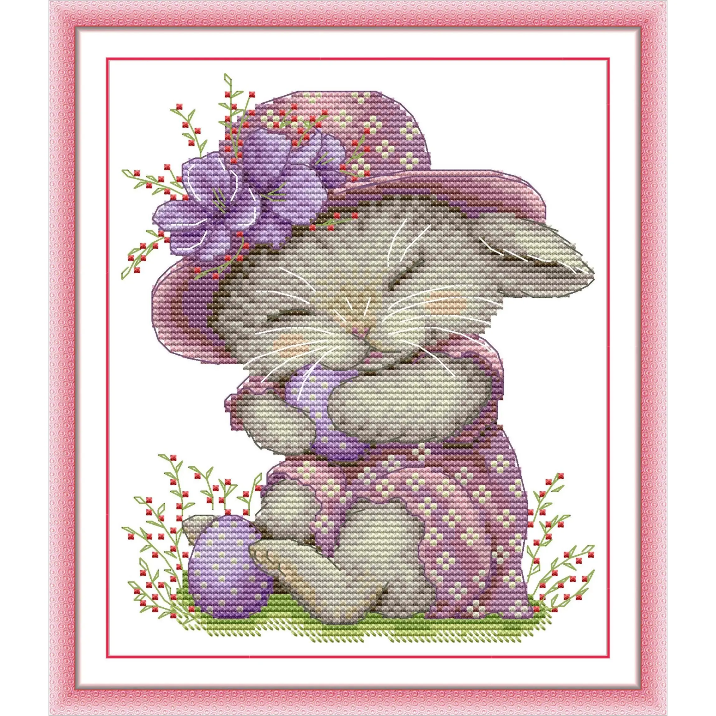 Bunny Embroidery Pre-Printed Stamped Cross Stitch Kit for Adults - 9.84*11.42in Aida Fabric, DMC Synthetic Threads, Blueprint-Included Animal Crafting DIY Needlework for Decoration & Gifting, 11.81*13.78In