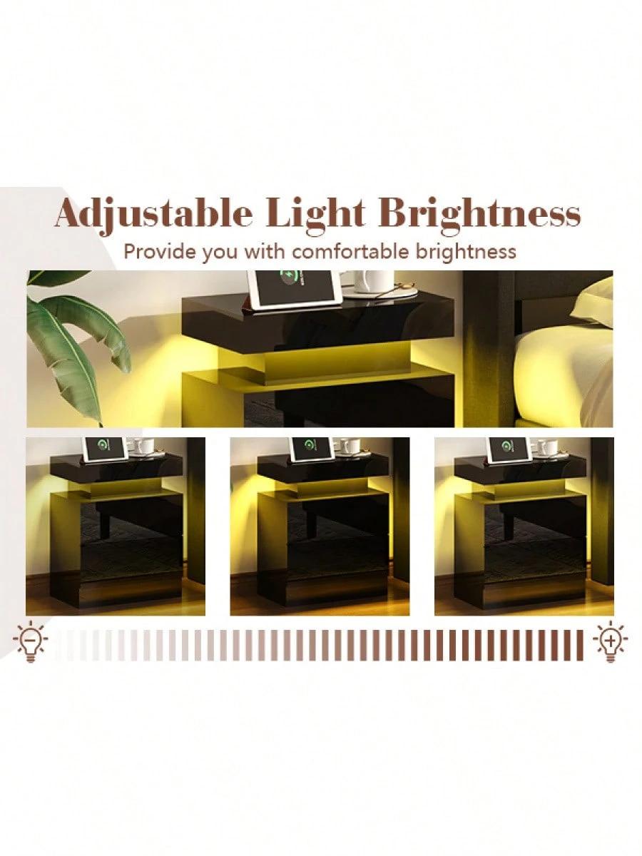 Modern Nightstand Set Of 2 With LED Lights And Charging Station, Side Tables With 2 Drawers And Open Storage Shelf, Stylish End Tables For Bedroom