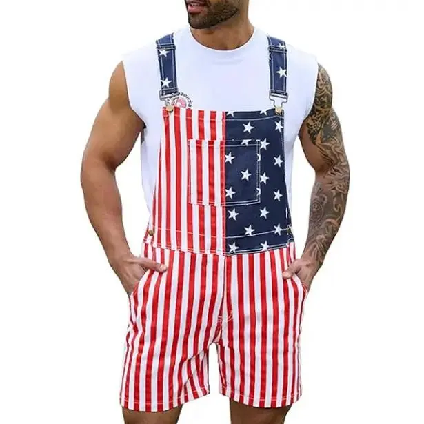 Unisex Short Overalls with American Flag Print - Stretchy Fitted Patriotic Jumpsuit with Adjustable Straps for Couples, 4th of July & Veterans Day