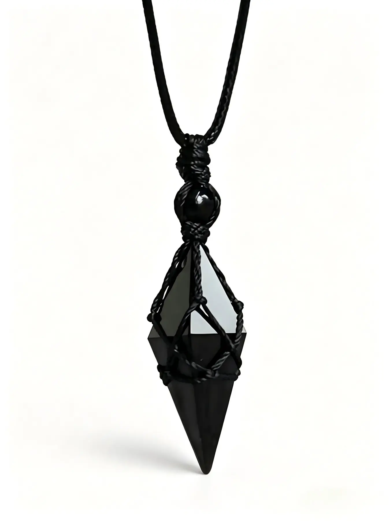 natural obsidian crystal, design pendant, sharp pointed pendulum design, handmade macrame knot, adjustable wax cord, unisex gothic bohemian style, healing jewelry, Crystal Jewellery, spiritual accessory, unisex pendant necklace, all occasion gift