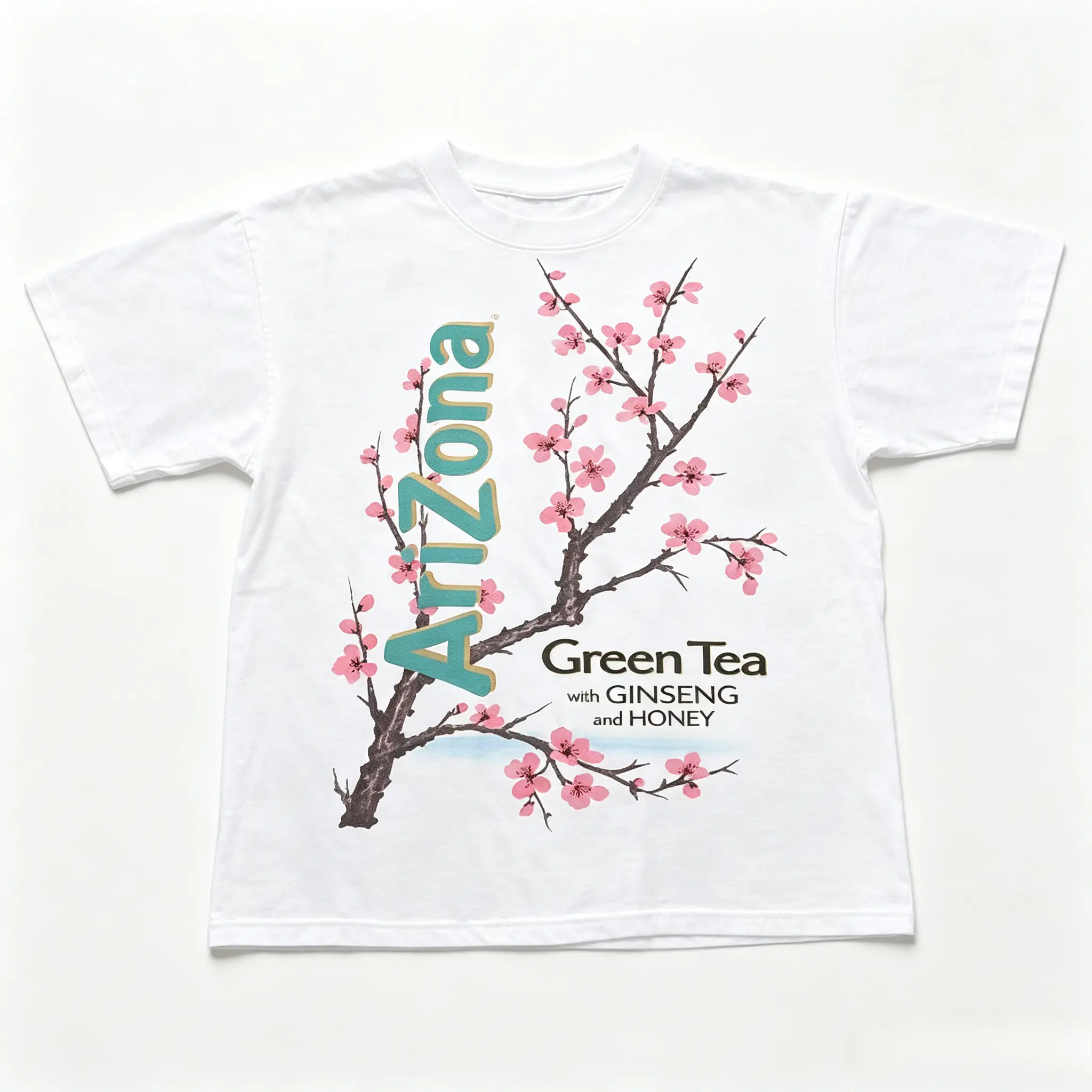 Women's Oversized Cotton Arizona Green Tea Cherry Blossom Graphic T-Shirt - Short Tops, Comfortable Casual Fashion, Cute Retro Gift for Drink Lovers, Holiday Present for Friends Family