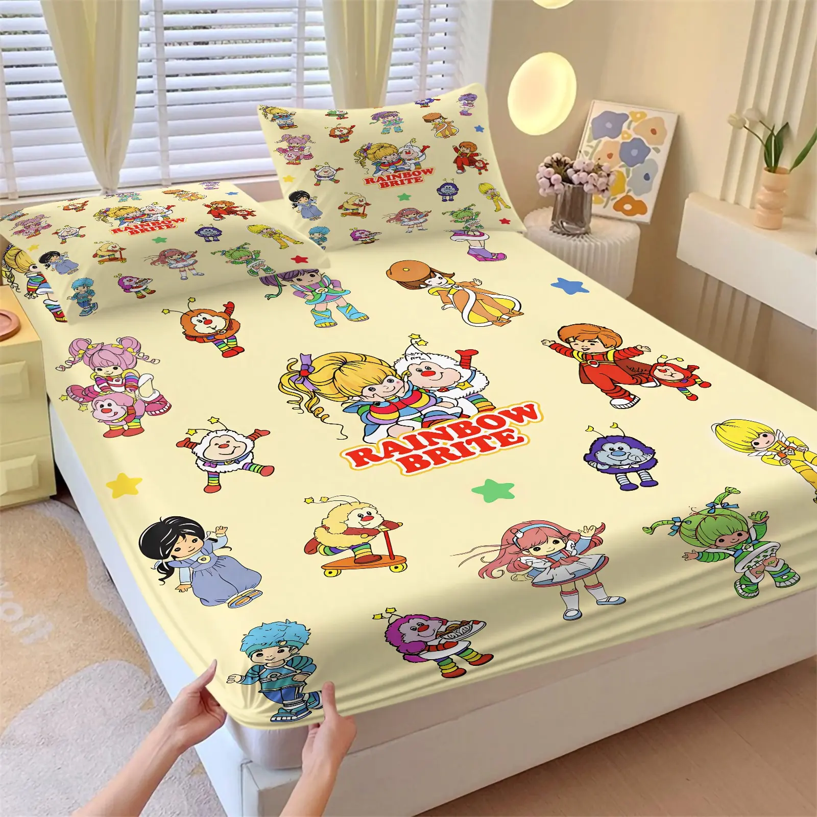 Warm Cream Yellow Background Fitted Sheet Set, Include 1 Bedspread and 2 Pillowcases without Core, Vintage Rainbow Lovely Cartoon Doll Characters Star Decor Mattress Cover, Skin Friendly Anti Wrinkle Non Slip Bedcap, Cute Sheets