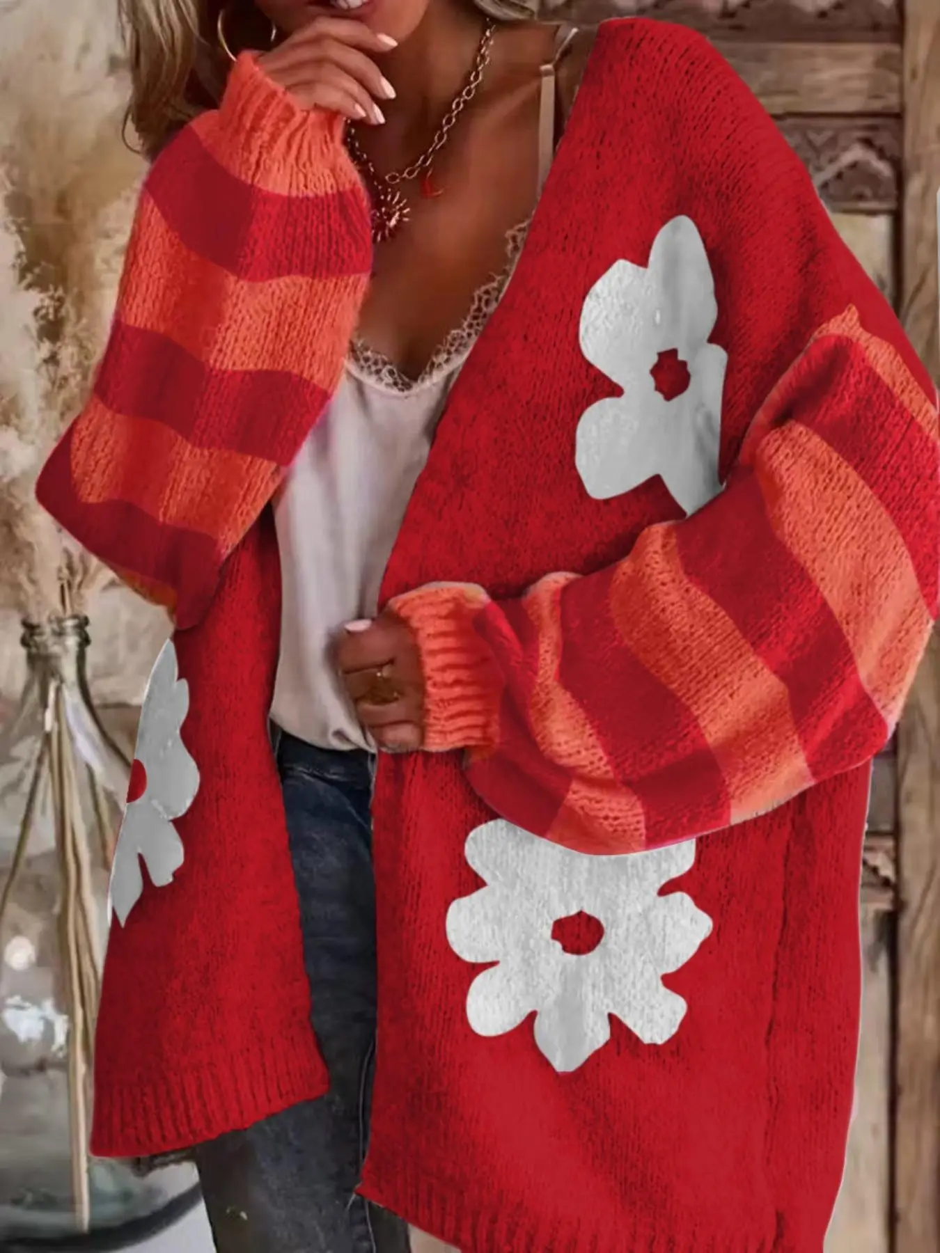 Elegant Floral Knit Cardigan for Plus Size Women, V-Neck Long Sleeve, Colorblock Design, Pattern, Perfect Gift Idea