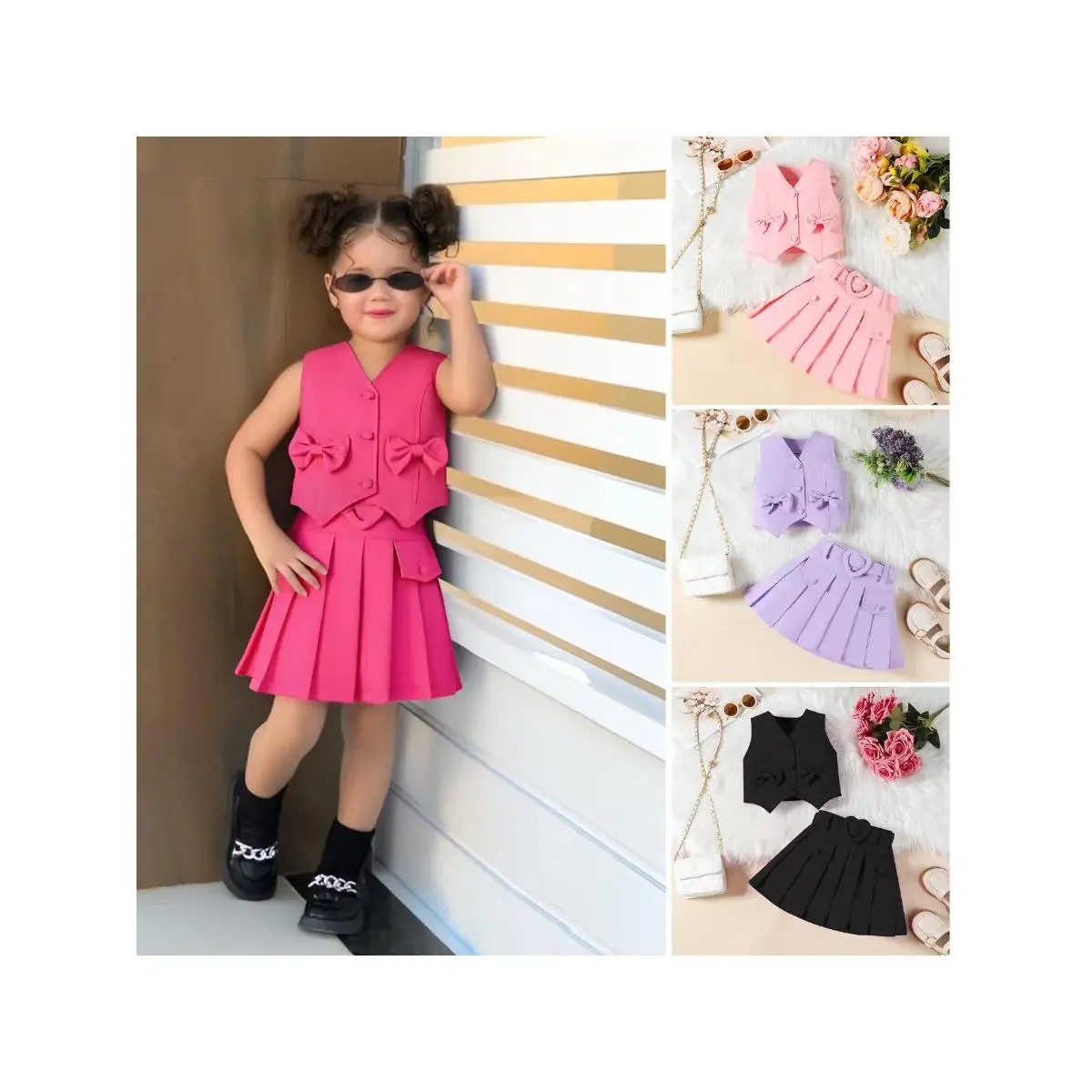 Fashionable and Elegant Sleeveless Button-front Blazer Top and Pleated Skirt Set for Girls, Featuring a Bow Accent Design.Suitable for Casual Wear, Shopping, Parties, and Vacations