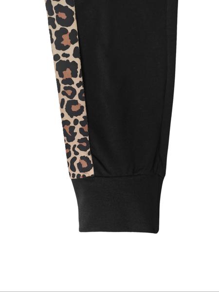 Women's Autumn Winter Long Sleeve Pants Matching Set, Solid Color Casual with Leopard Print Stripes, Perfect for Home & Party Wear