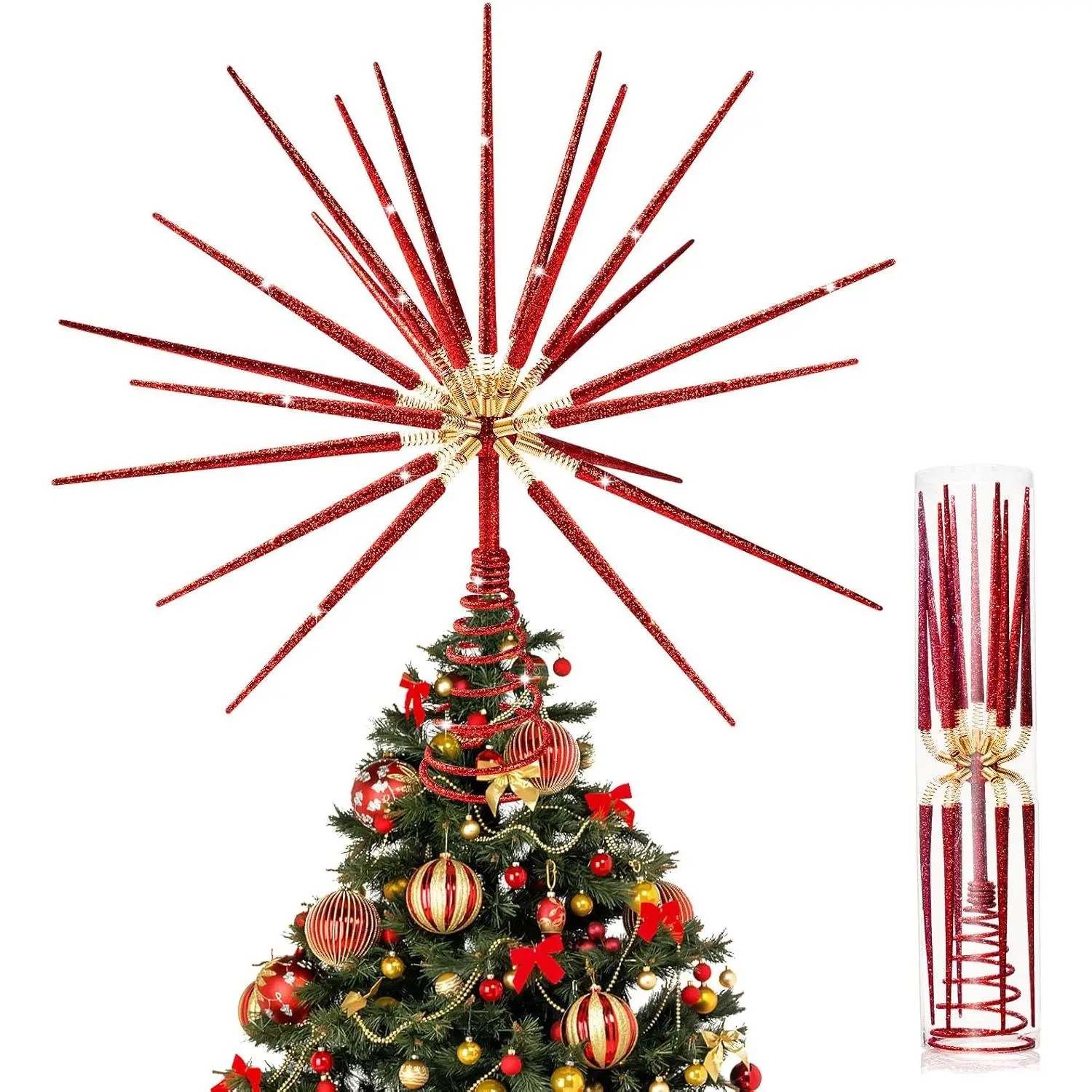 Red Christmas Tree Topper 13.7 Inch - No DIY Red Starburst Tree Topper, Exploding  Christmas Tree Decorations
