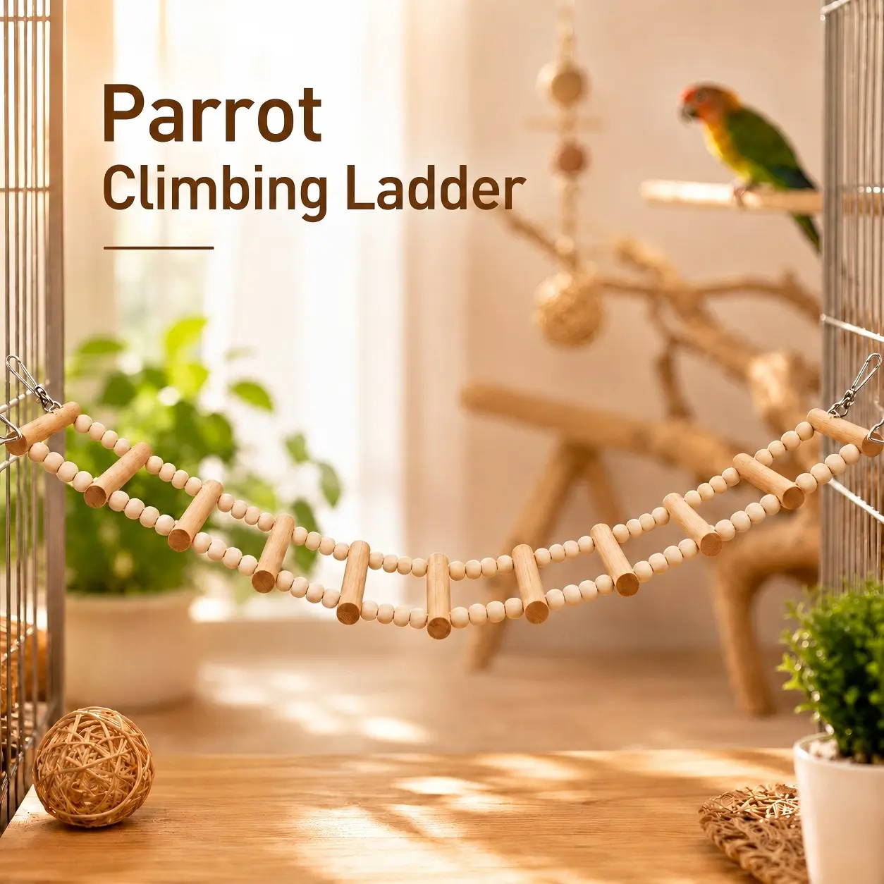 Composite Wood Parrot Swing Ladder，Intelligence Chew Toy Bird Cage Climbing Decor for Small Parrots