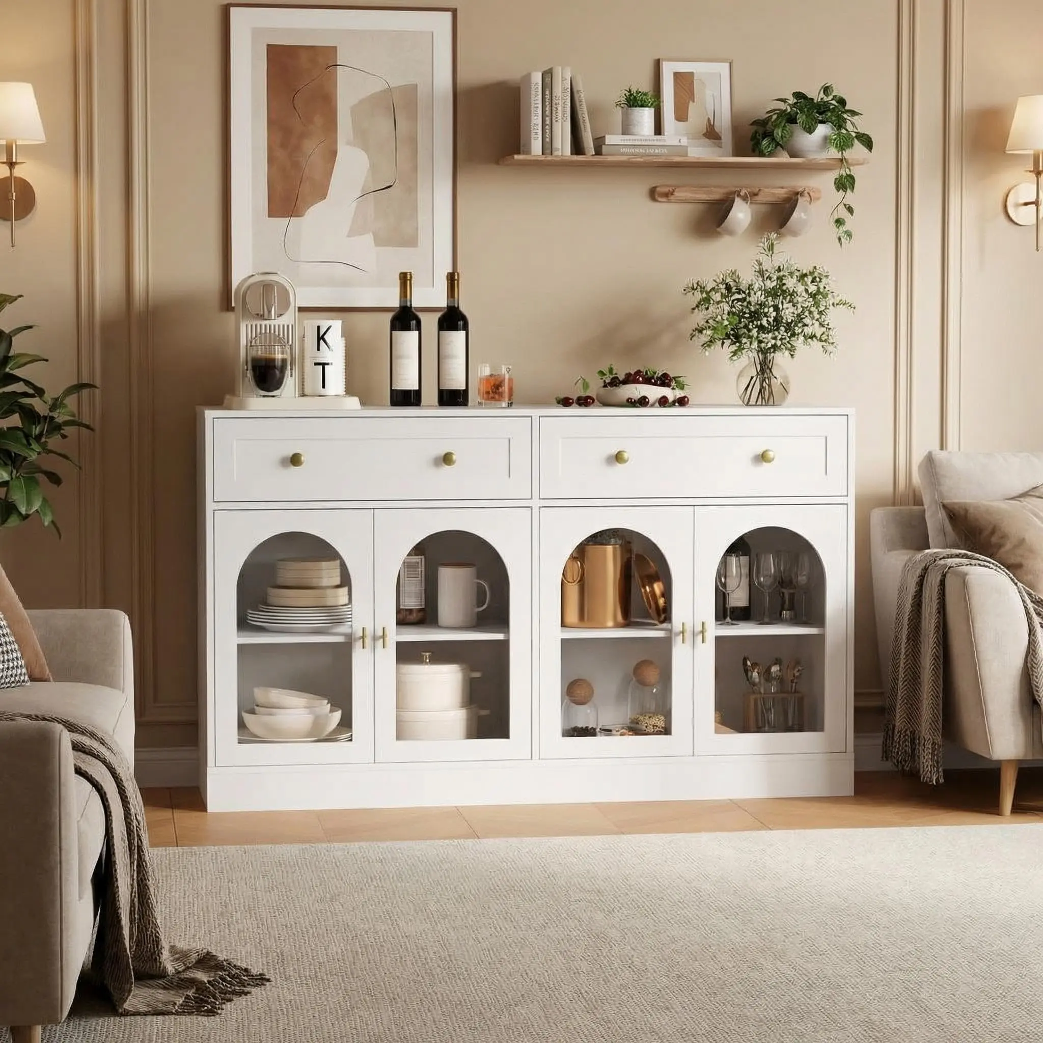 Garvee 55" Farmhouse Sideboard Buffet Cabinet with Glass Display & Clear Acrylic Doors, 2-Drawer Console Table with Spacious Storage for Dining Room, Kitchen, Living Room, Accent Furniture