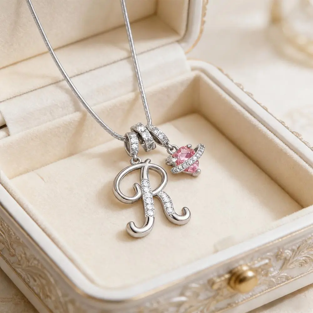 Trendy Silver Plated A-Z Letter Pendant Necklaces Dainty Monogram Name Necklace Personalized Initial Pink Heart Cubic Zirconia Pendant Necklaces Birthday Anniversary Jewelry Gift