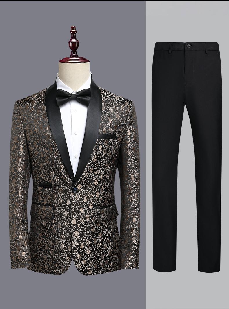 Men's Slim Fit Jacquard Shawl Lapel Suit  Korean Style Business Formal Blazer, Center Vent, Four Seasons Wear