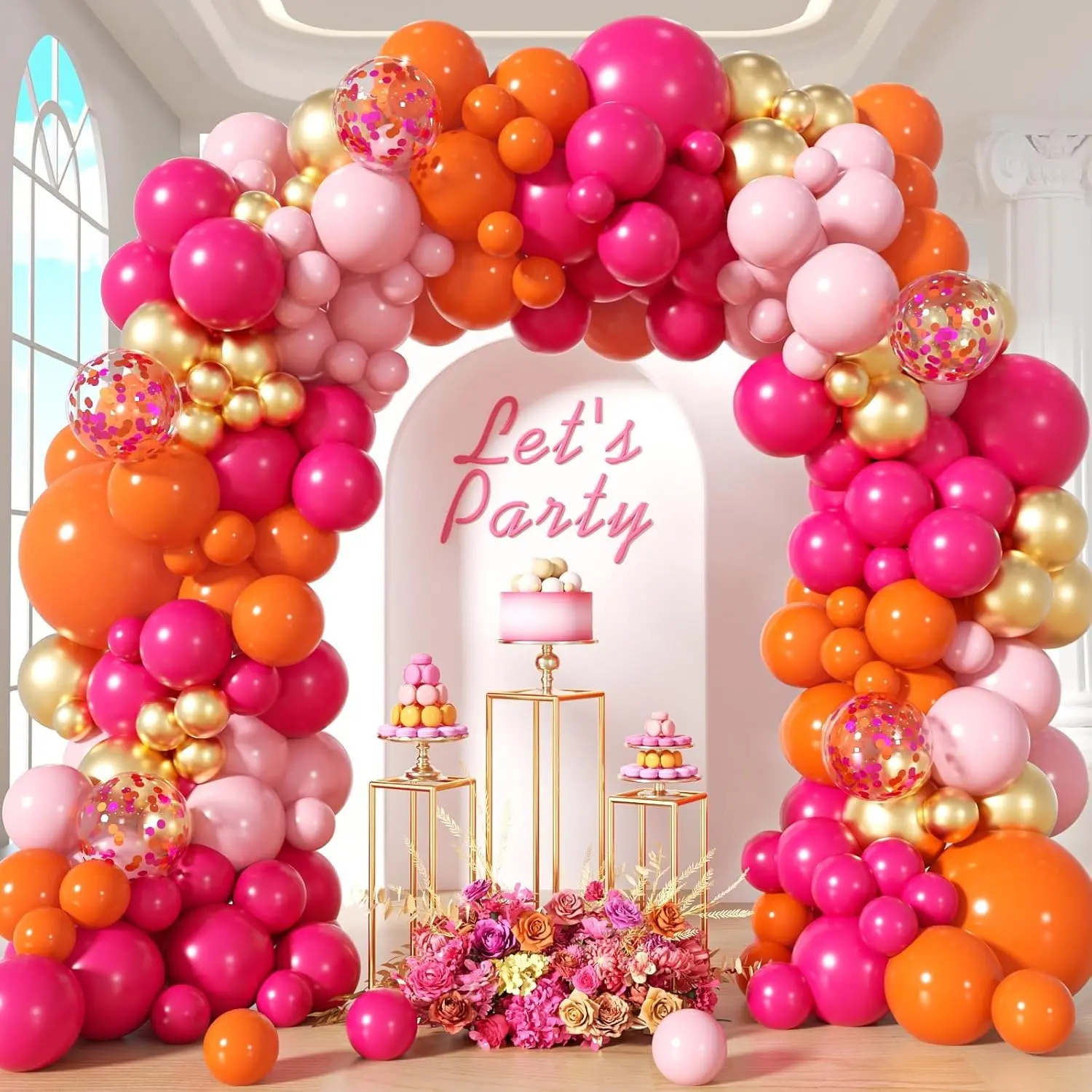 Colorful Square Balloon Kit - Pink, Orange, Metallic Gold, Confetti, Letter Print Balloons for Wedding, New Year Party Decorations (Home & Festive Party Supplies)