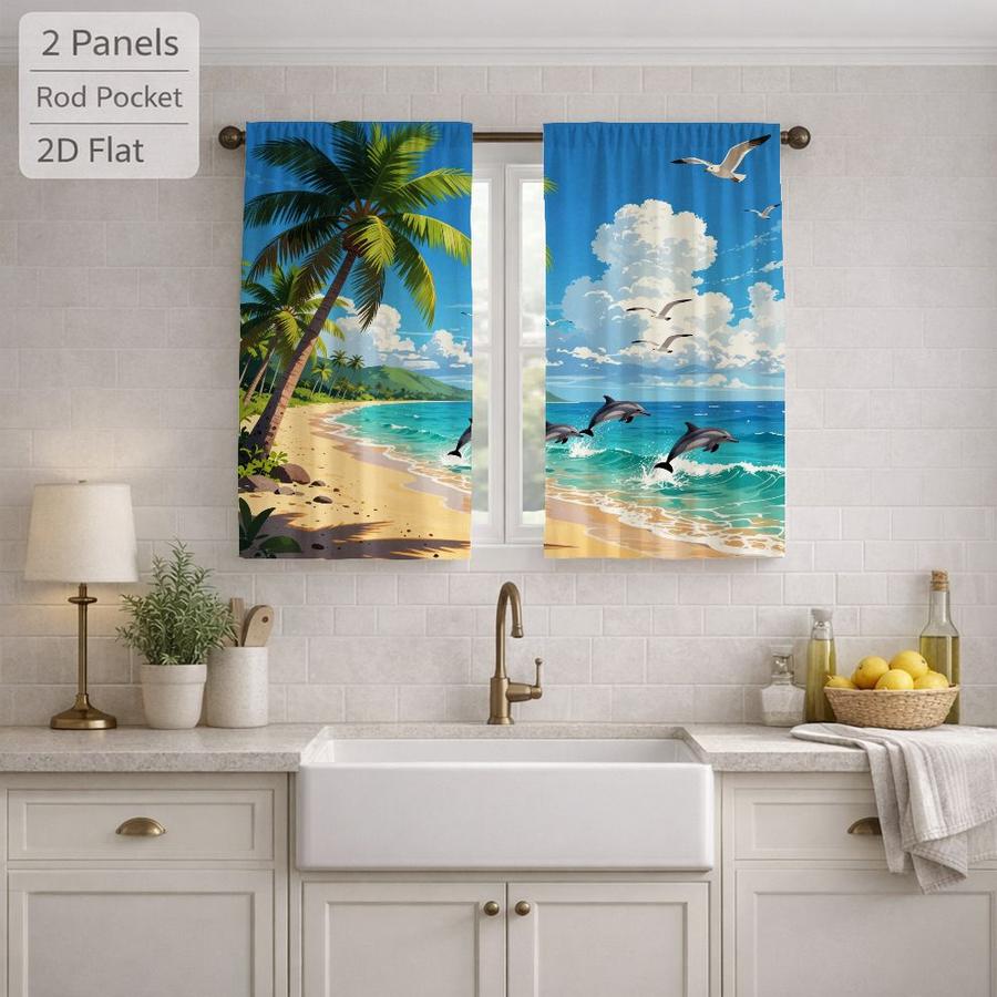 2Pcs Coastal Style Beach Scene Dolphin Seagull Palm Tree Sun Blocking Curtains Digital Printed Rod Pocket, Window Treatment For Bedroom Office Kitchen Living Room Study Home Decor