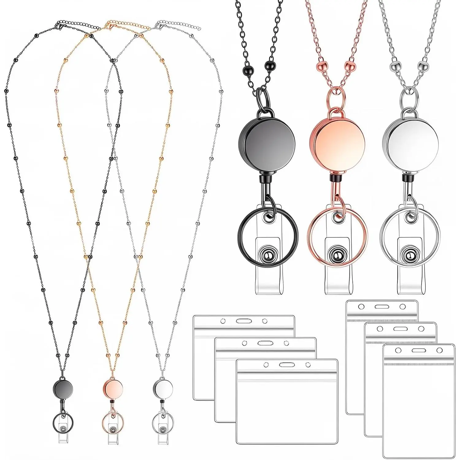 3 Pack Badge Lanyards with Retractable Reels and 6 ID Holders | Stainless steel beaded lanyards, 33.5 in length, 13.5 in retractable reel,  vertical & horizontal holders