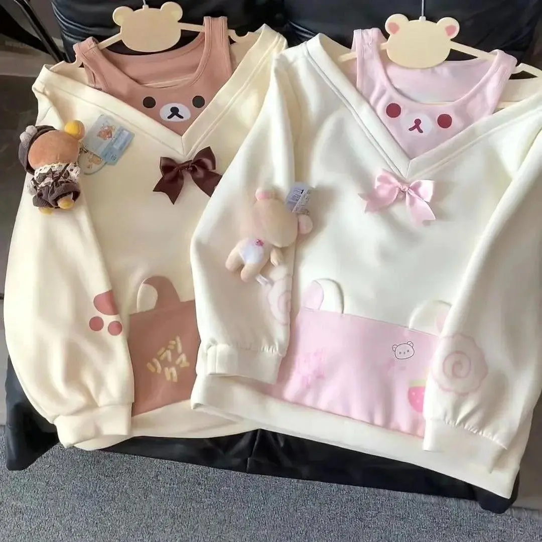 Sweet Kawaii Fake Two Pieces Hoodies Women Japanese Lolita Cute Fashion Sweatshirts Bow Cartoon Print Off Shoulder Overcoat New