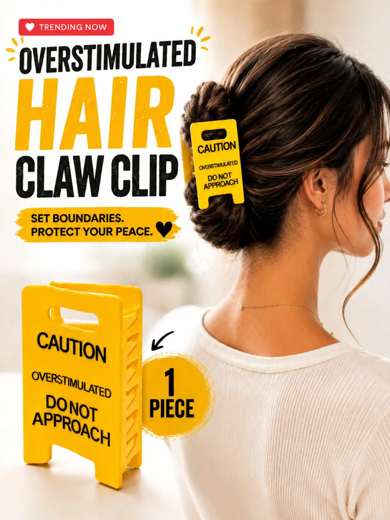 Overstimulated Caution Sign Hair Claw Clip, Setting Boundaries Caution Sign Hair Claw for Women, Funny Mental Health Awareness Gift, Large Hair Clips for All Hair, Yellow Novelty Hair Accessory
