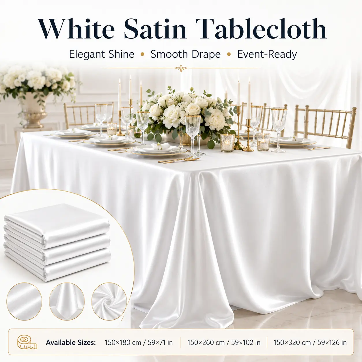 Elegant Polyester White Satin Tablecloth for Rectangle Tables, Glossy White Table Cover for Wedding Reception, Banquet Decor, 59x71/59x102/59x126 in