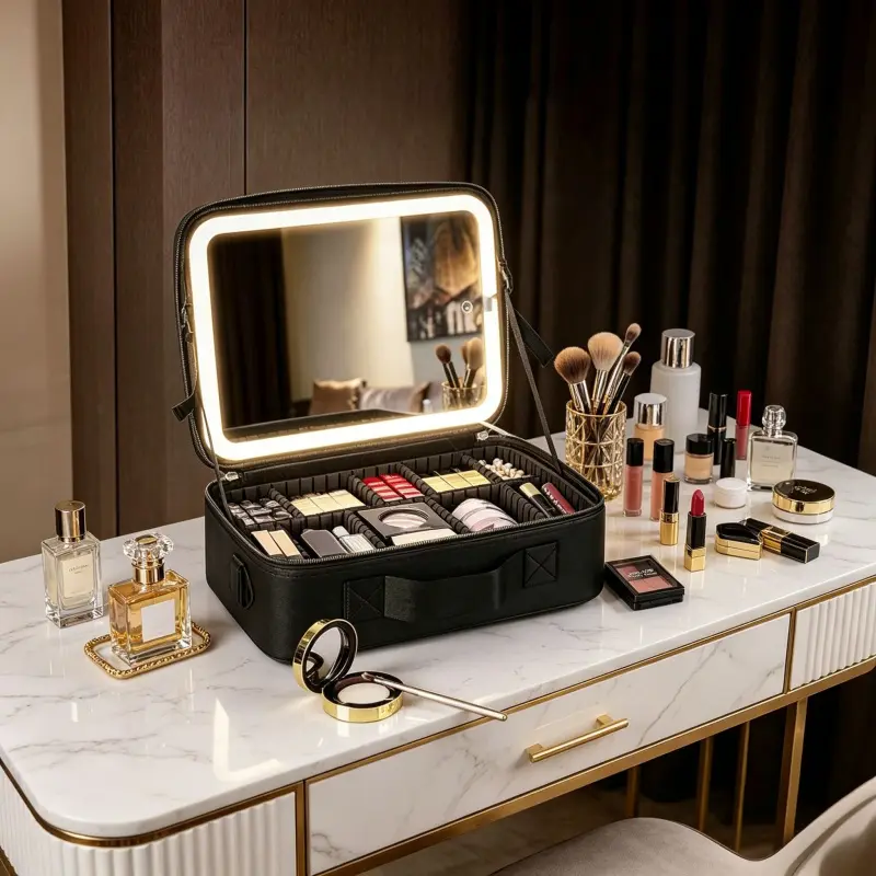 LED makeup train case with HD mirror, three-color adjustable large-capacity Cosmetic Storage box, with adjustable compartments, suitable for traveling makeup artists