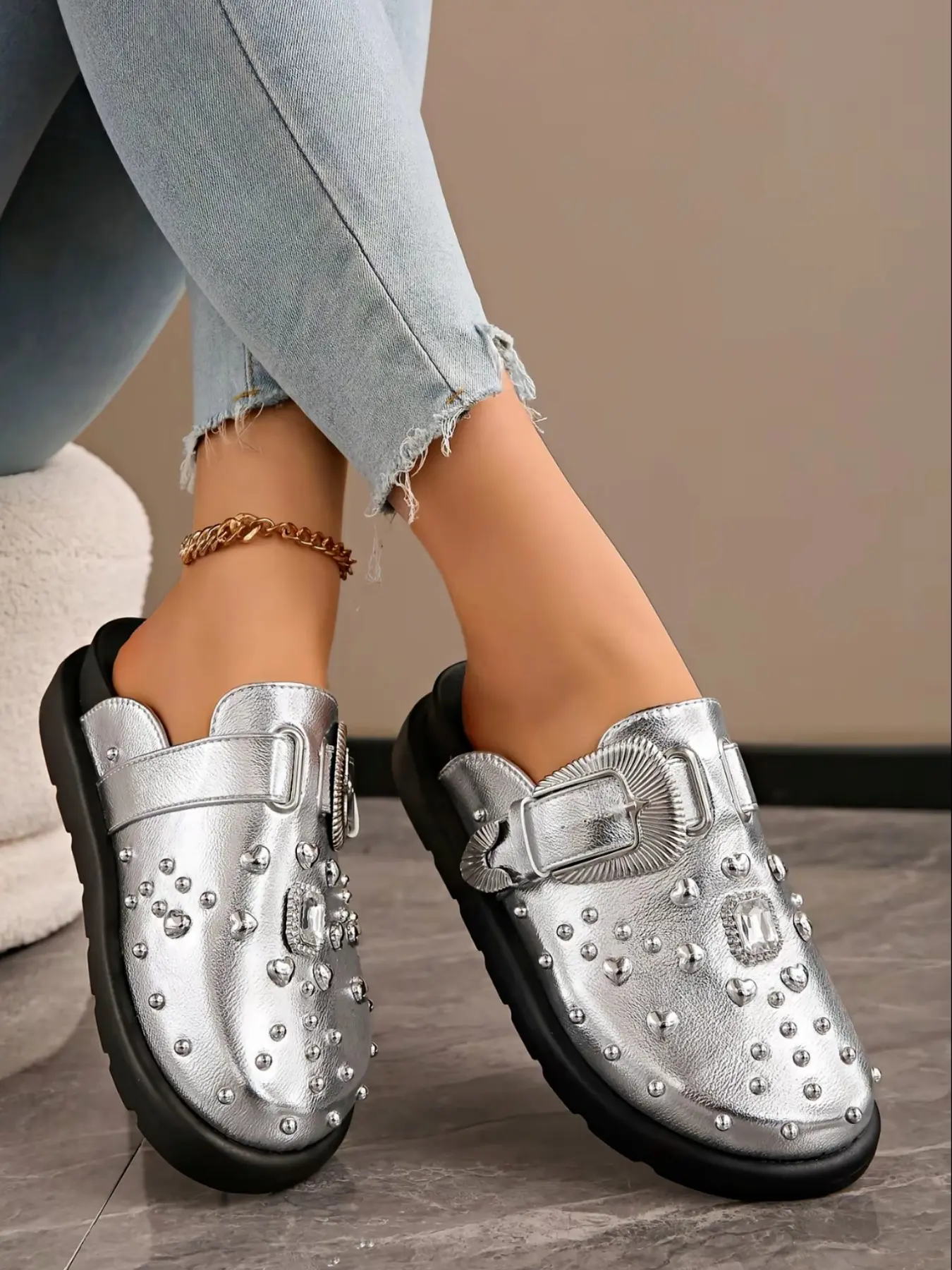 Women's Silver Color Rhinestone Thick Sole Slippers, Durable Anti-Slip PU Leather, Casual Street Style, Ideal for Spring Summer