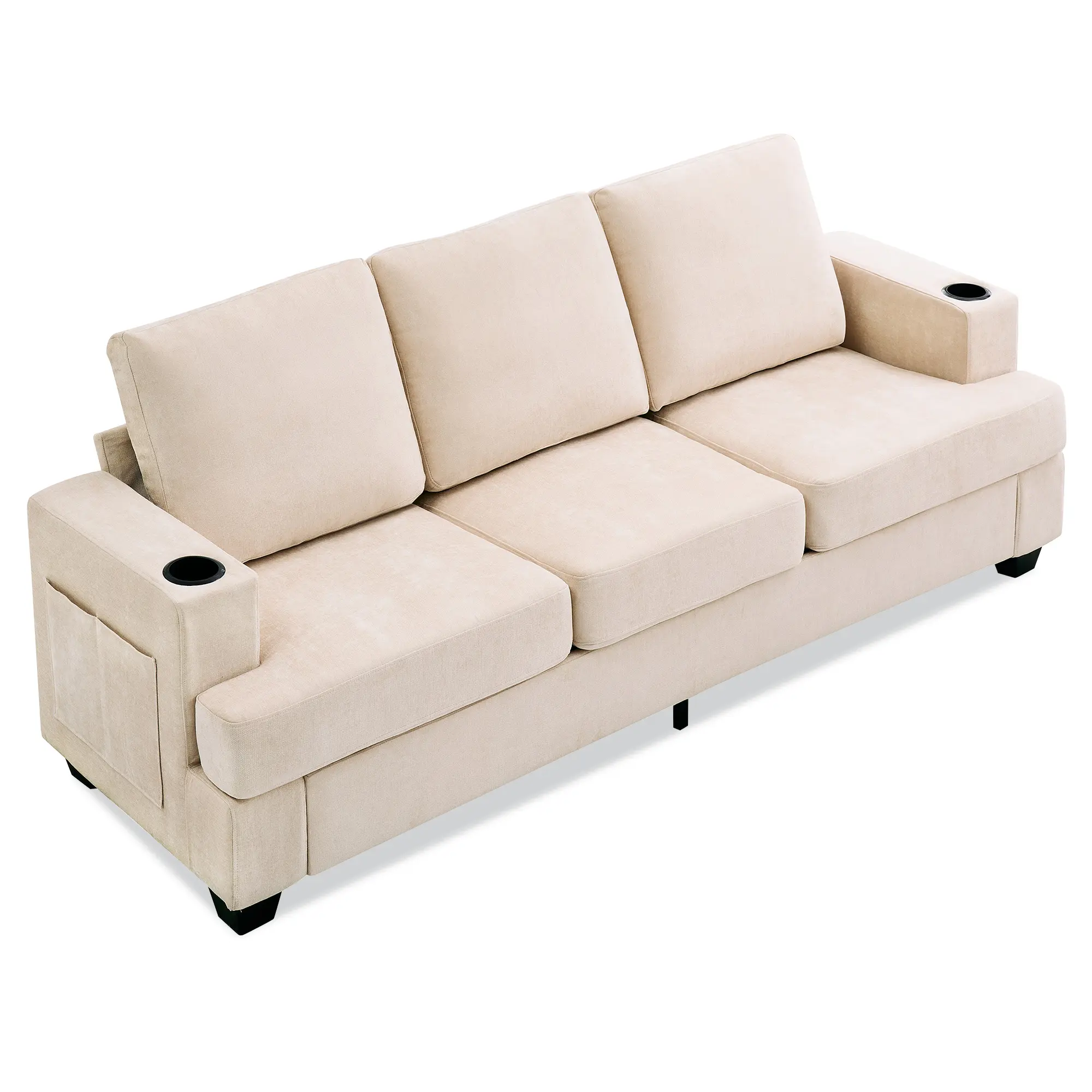 Modern 3-Seater Chenille Sofa - Deep Seat Couch with Cup Holders & Side Storage - Comfy Upholstered Sectional for Apartment, Lounge or Living Room