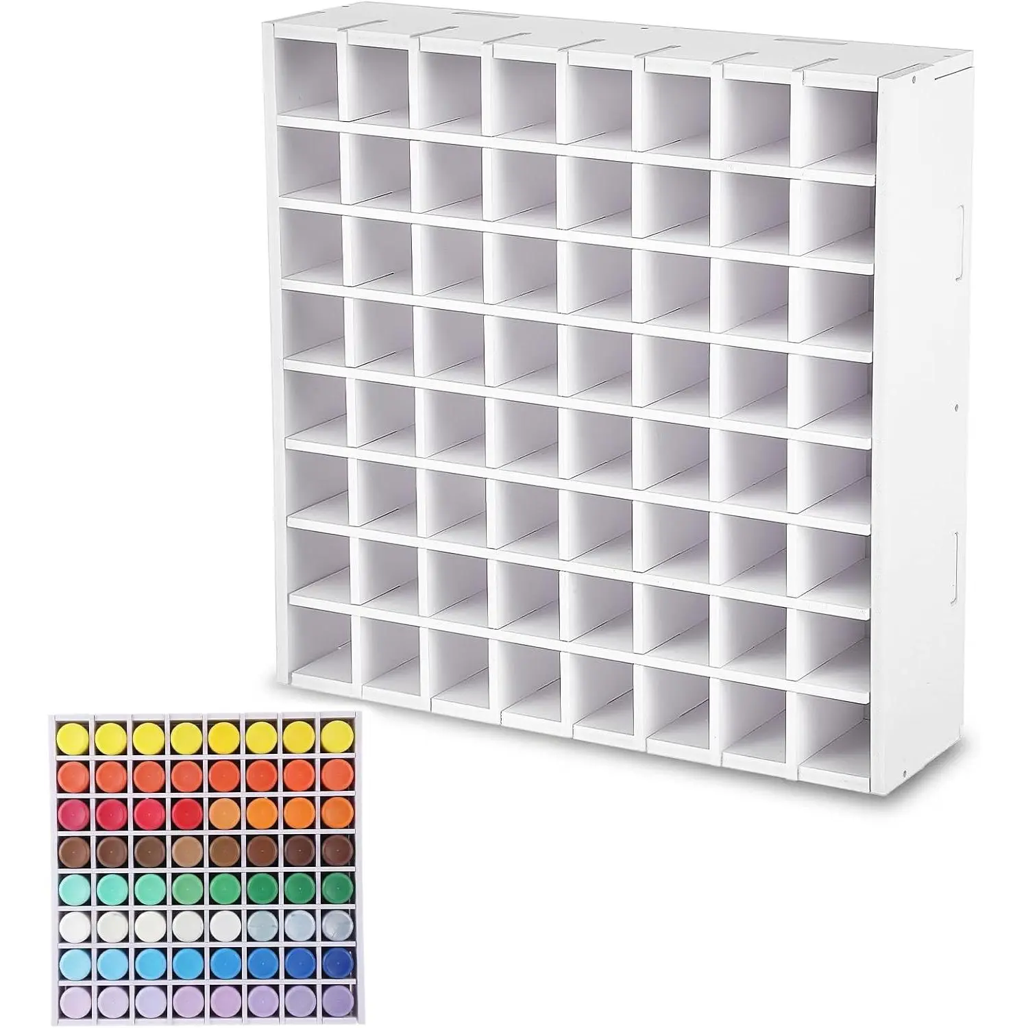64-Grid  Organizer & Storage Rack, Wall-Mountable and Stackable Craft  Holder for 2oz  Paints, White -Plastic Board Construction with Hooks & Screws Included