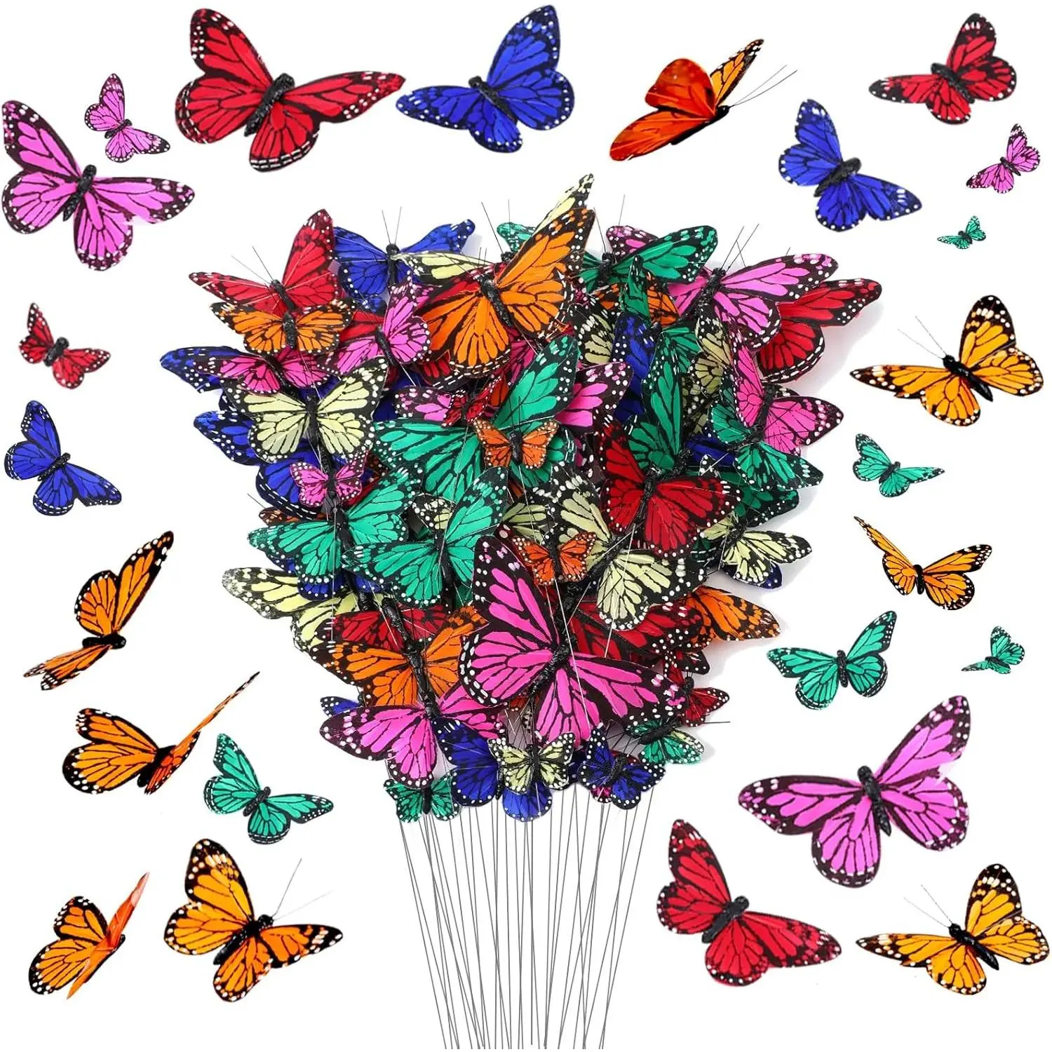 72 Pcs Monarch Butterfly Decorations 4 Size Artificial Feather Butterfly Decor on Picks Crafts with Wire for Spring Wall Flower Party Home Decor Cute Color