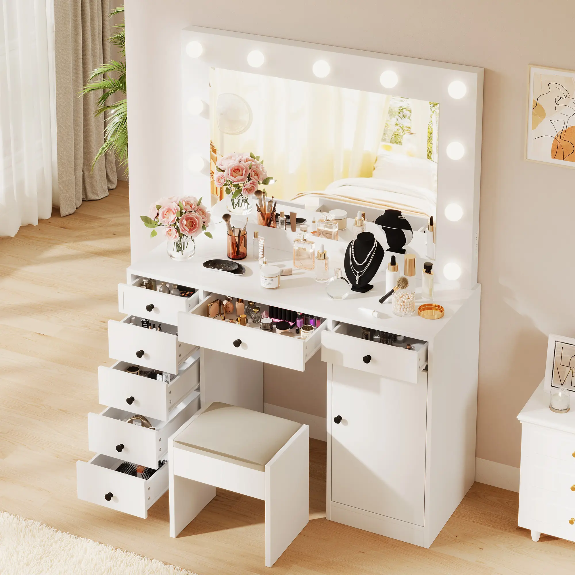Garvee Modern White Vanity Desk with Large HD Mirror – 11 Dimmable LED Bulbs – 3 Color Lighting – Charging Station – 7 Drawers & Cabinet – Makeup Dressing Table with Power Outlet