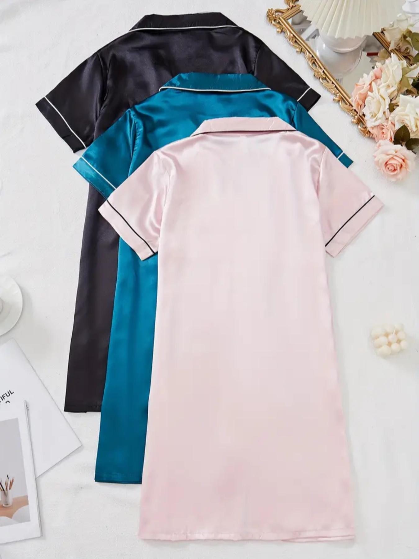 Women's Contrast Binding Button Front Satin Pyjama Dress, Soft Basic Casual Comfy Short Sleeve Lapel Neck Pocket Nightdress, Ladies Sleepwear for All Seasons, Lounge Pajama Style, Pajamas, Loungewear, Homewear