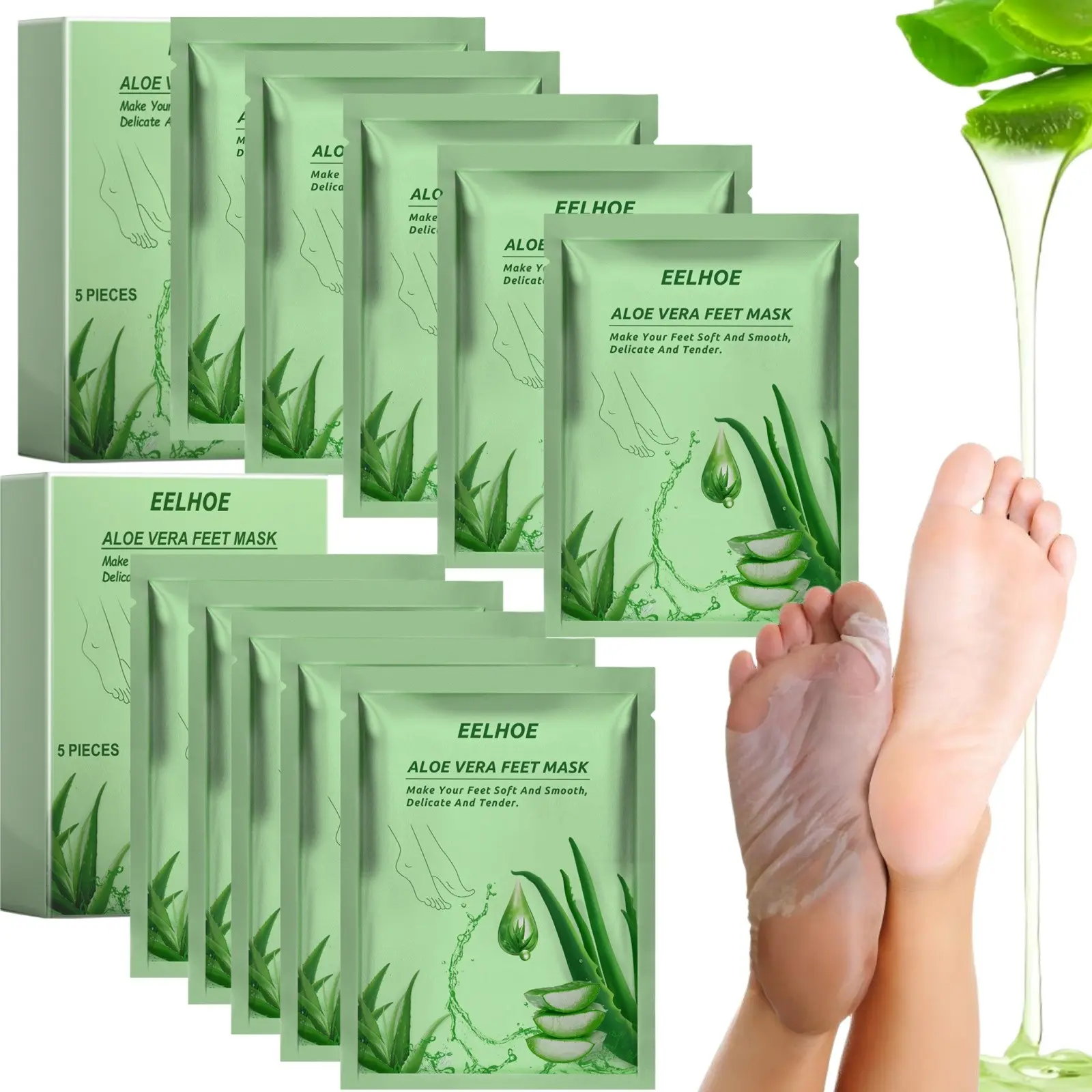Aloe Vera Feet Mask（2 Boxes/10 Paris） for Dry Cracked Feet, Rich Aloe Vera Extract, Dead Skin & Callus Remover, Foot Mask Peeling, Exfoliating Socks for Women & Men, One Size Fits Most