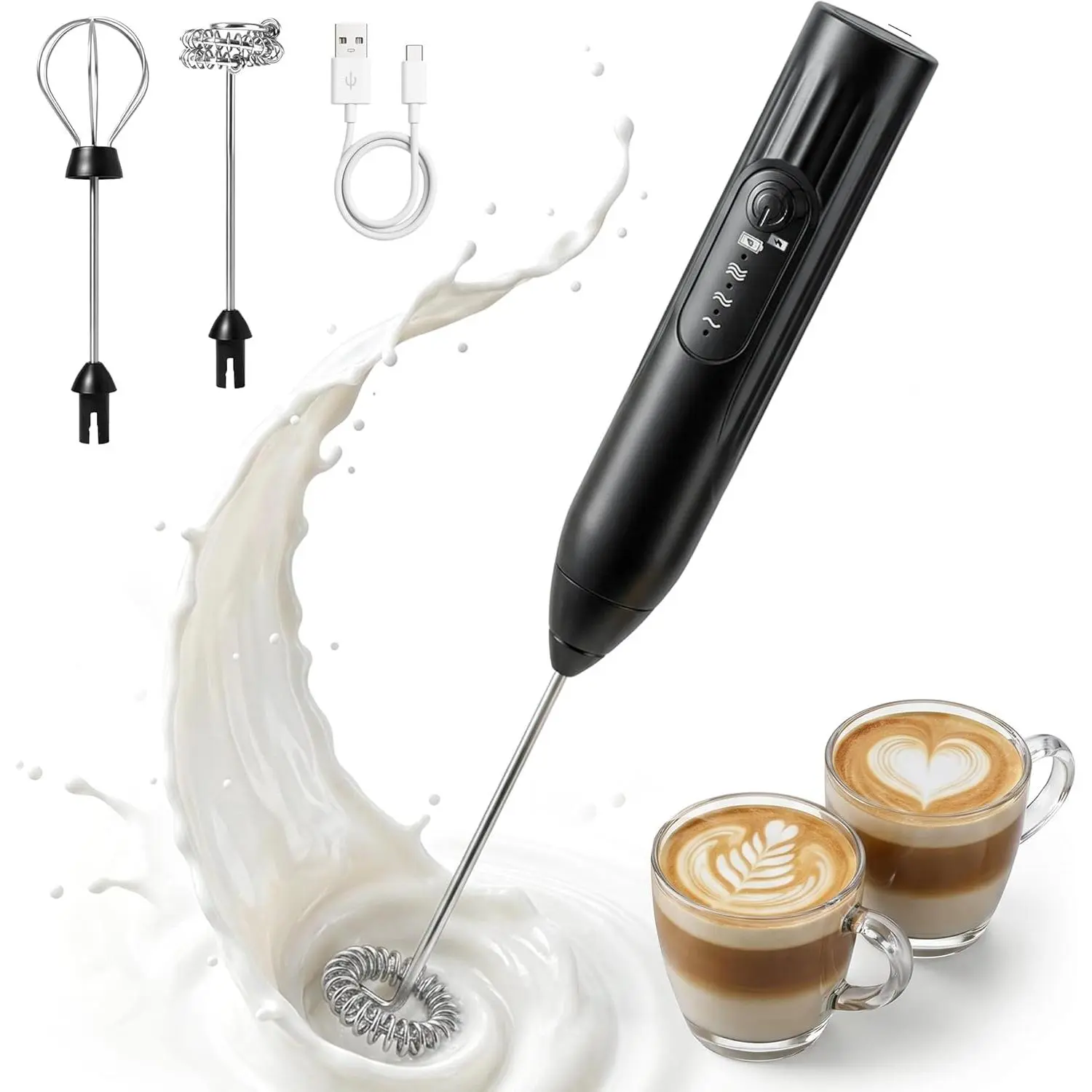 Milk Froher, 3-Speed Rechargeable Handheld Elecric  Maker wih USB-C, 2 Whisks for Coffee Lae Cappuccino, 304 Sainless Seel Drink Mixer for Ho Chocolae Macha Proein Shakes (Black)
