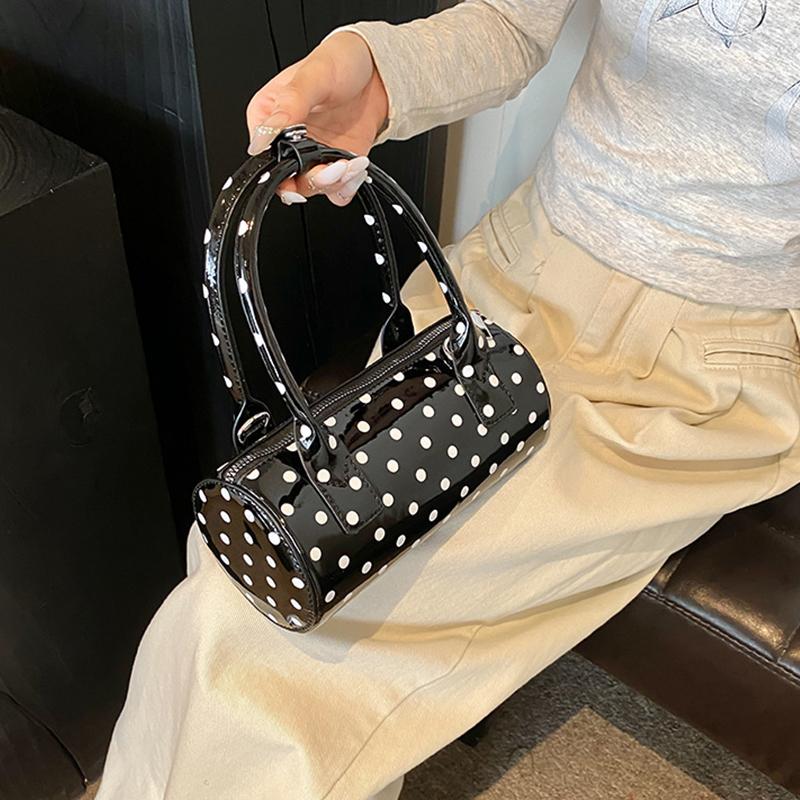 Crossbody Bag for Women Barrel Shape Mini Top Handle Purse PU Leather Polka Dot Cute Handbag Adjustable Strap Daily Use