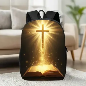 Christian Cross & Holy Bible Glowing Backpack, Religious Faith Print School & Church Bag