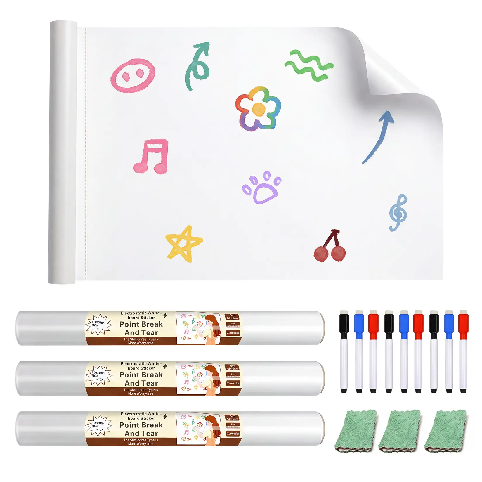 Static Cling Dry Erase Whiteboard Wallpaper, 3 Rolls Removable Reusable PP Contact Paper (17.7 x 31.5 in/45 x 80 cm), 15 Sheets/Roll, with 9 Markers & 3 Cleaning Cloths